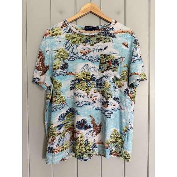 Polo Ralph Lauren Pocket T-Shirt L Large Tropical Islands All Over Print Blue - Picture 1 of 6